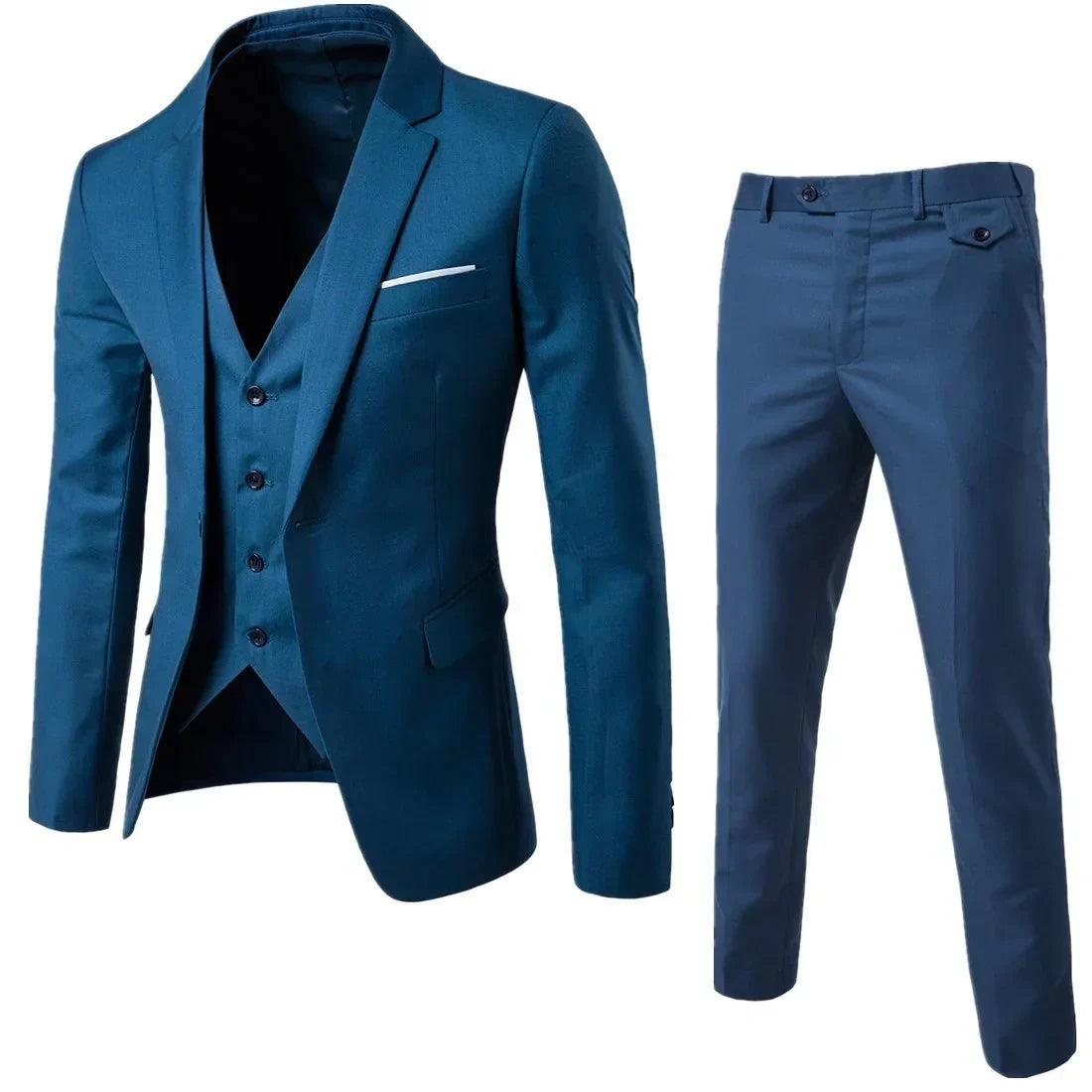 Men's slim fit teal blue three-piece suit with blazer, vest, and trousers, formal wear