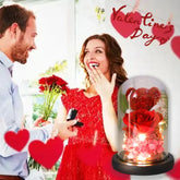Woman in a red lace dress, fitted and short-sleeved, surprised with roses on Valentine&