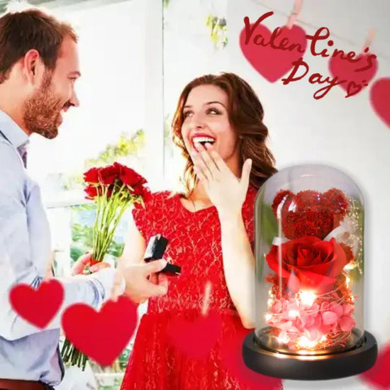 Woman in a red lace dress, fitted and short-sleeved, surprised with roses on Valentine&