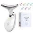 White handheld facial massager with colored LED light settings, shown with product box.
