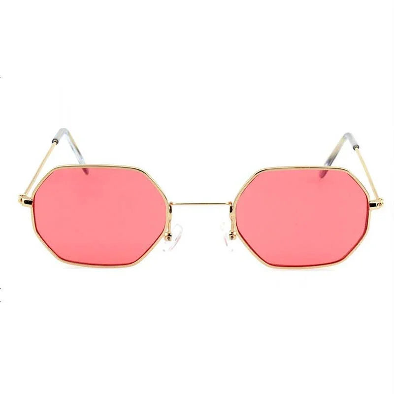 Octagon pink lens sunglasses with gold metal frame, trendy streetwear eyewear