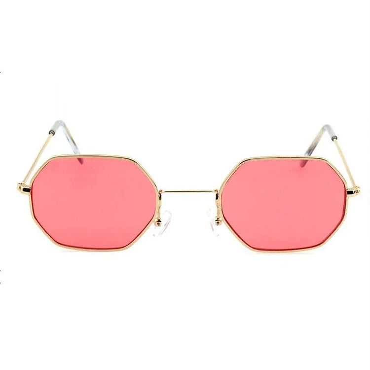 Octagon pink lens sunglasses with gold metal frame, trendy streetwear eyewear