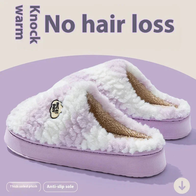 Lavender and white plush slippers with thick sole and anti-slip, cozy fit, fuzzy material