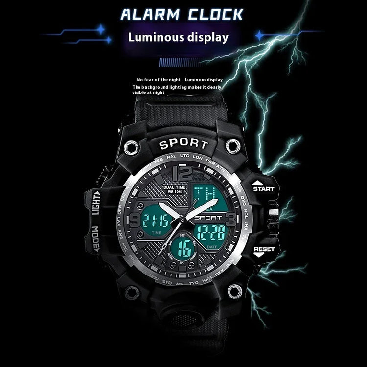 Black digital sport watch with luminous display, large rugged case, and multiple dials