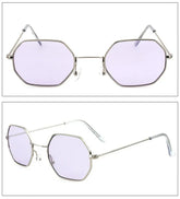 Octagon sunglasses with light purple lenses, silver metal frame, minimalist modern style.