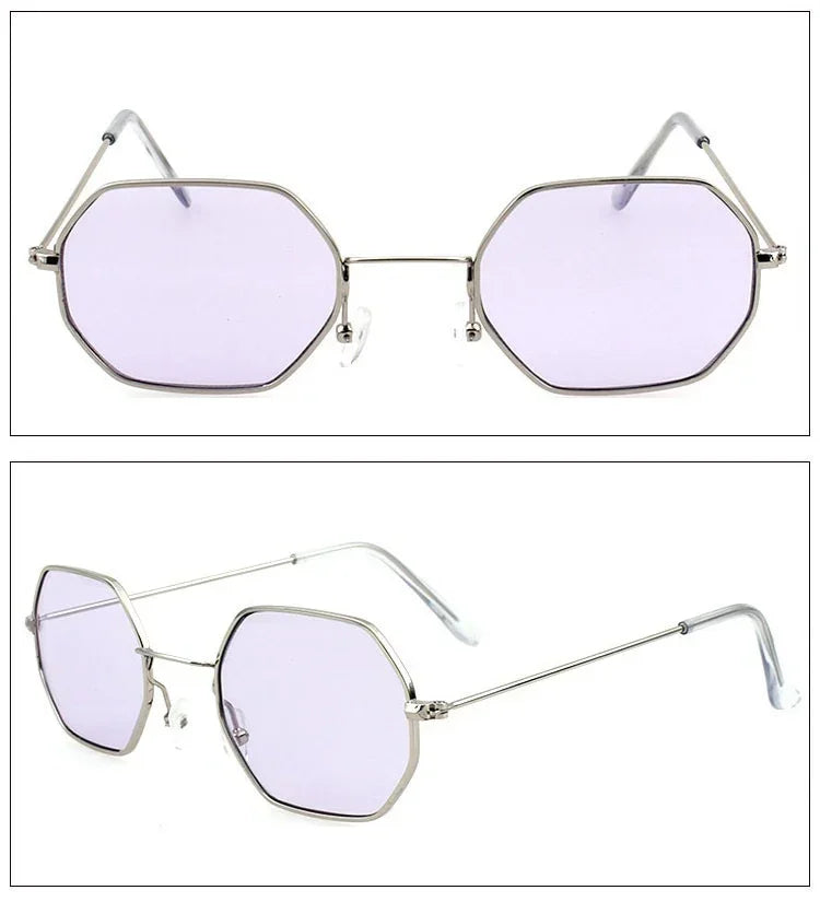 Octagon sunglasses with light purple lenses, silver metal frame, minimalist modern style.