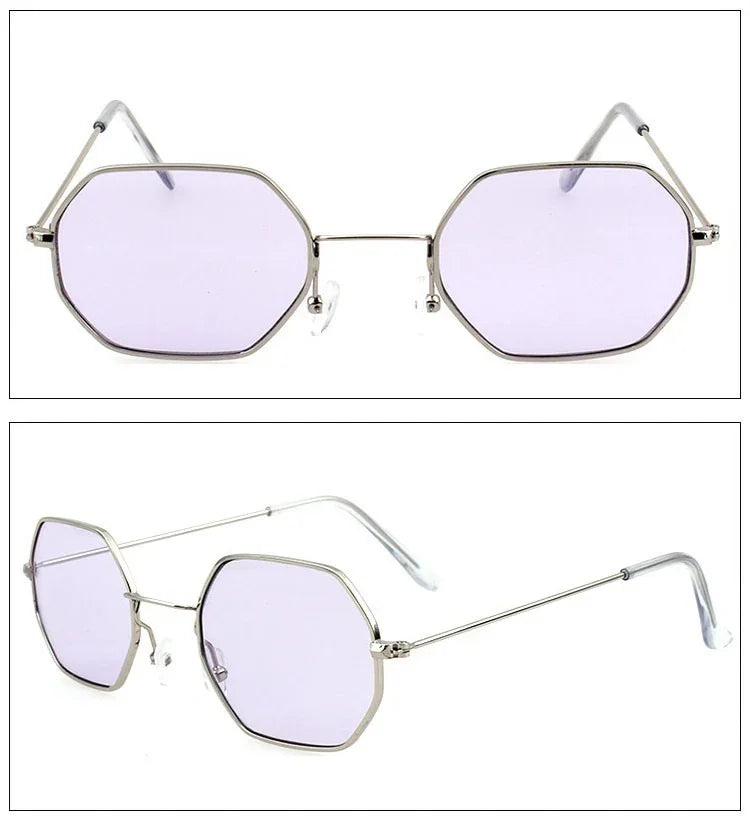 Octagon sunglasses with light purple lenses, silver metal frame, minimalist modern style.