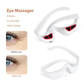 White ergonomic eye massager glasses with red detailing, shown with before and after under-eye results.