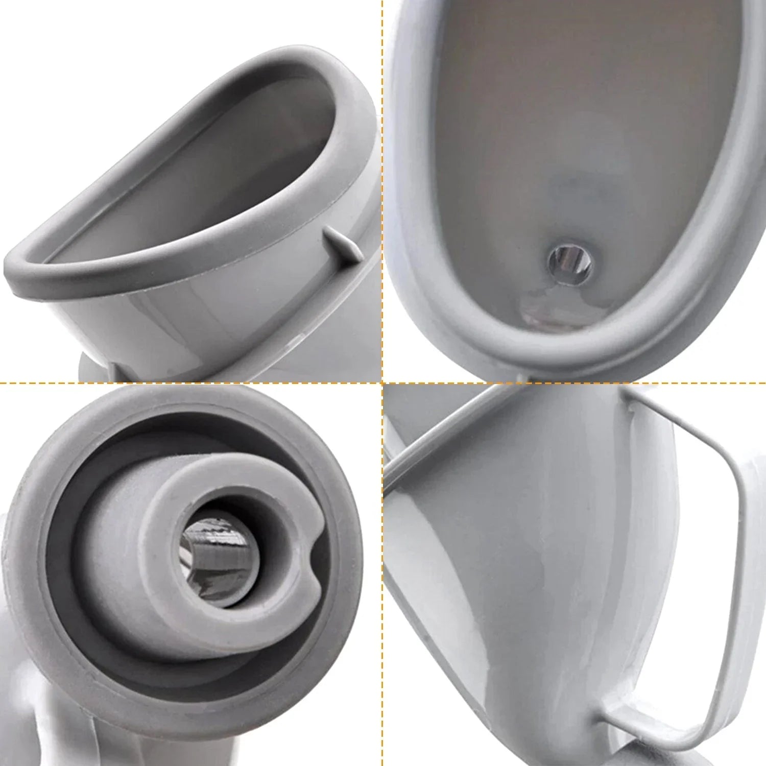 Close-up of gray portable urinal made of plastic with ergonomic handle and wide opening.