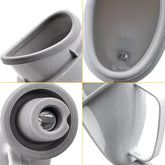 Close-up of gray portable urinal made of plastic with ergonomic handle and wide opening.