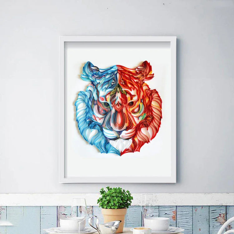 Framed wall art featuring a vibrant blue and red abstract tiger illustration in a modern dining room.