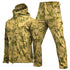 Camo softshell jacket and pants set, zip pockets, lightweight fabric, relaxed fit