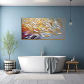 Modern bathroom with white freestanding tub, blue walls, and colorful abstract feather wall art