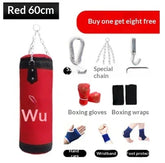 Red 60cm punching bag with black accents, boxing gloves, wraps, chain, and wrist and foot supports