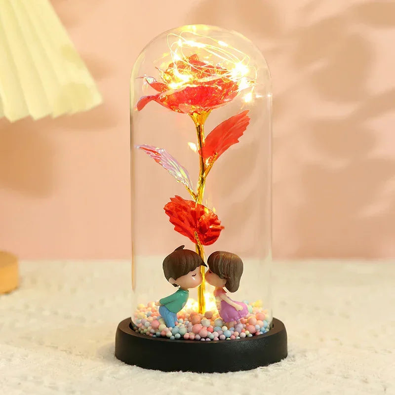 Decorative rose dome with LED lights and two figurines, romantic gift centerpiece
