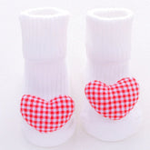 White ribbed socks with red checkered heart patch, soft cotton, playful cute style