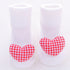 White ribbed socks with red checkered heart patch, soft cotton, playful cute style