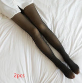 Sheer black tights with a slim fit, worn on legs and styled on a white bedding background