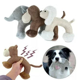 Textured plush dog toys in brown, gray, and white, soft material, animal-shaped, suitable for pets