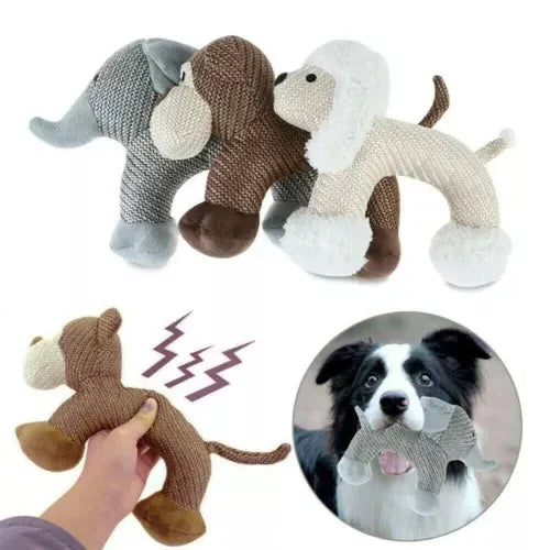 Textured plush dog toys in brown, gray, and white, soft material, animal-shaped, suitable for pets