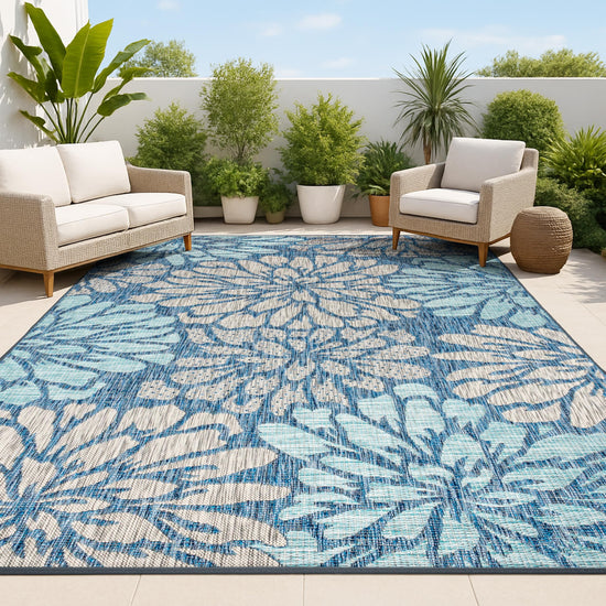 JONATHAN Y Floral Textured Weave Indoor Outdoor Area Rug 8X10 Navy/Aqua, Zinnia Modern for Backyard, Patio, Porch, Easy-Cleaning, High Traffic, Pet-Friendly, Non-Shedding (SMB110C-8)