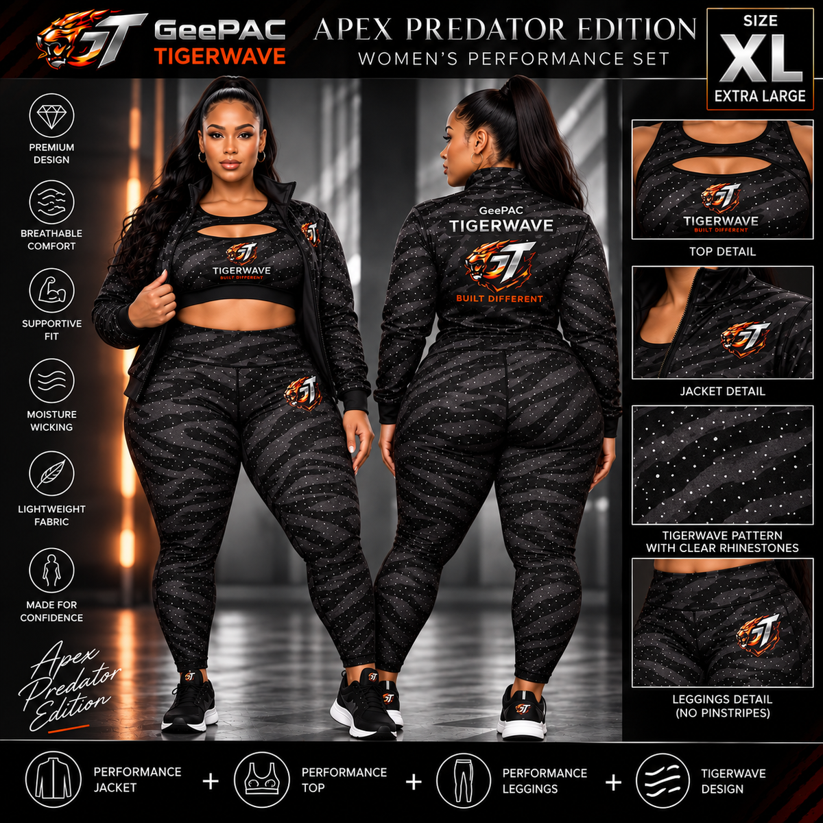 Women's black tiger stripe activewear set with rhinestone details, high-performance sports bra, leggings, and jacket, size extra large