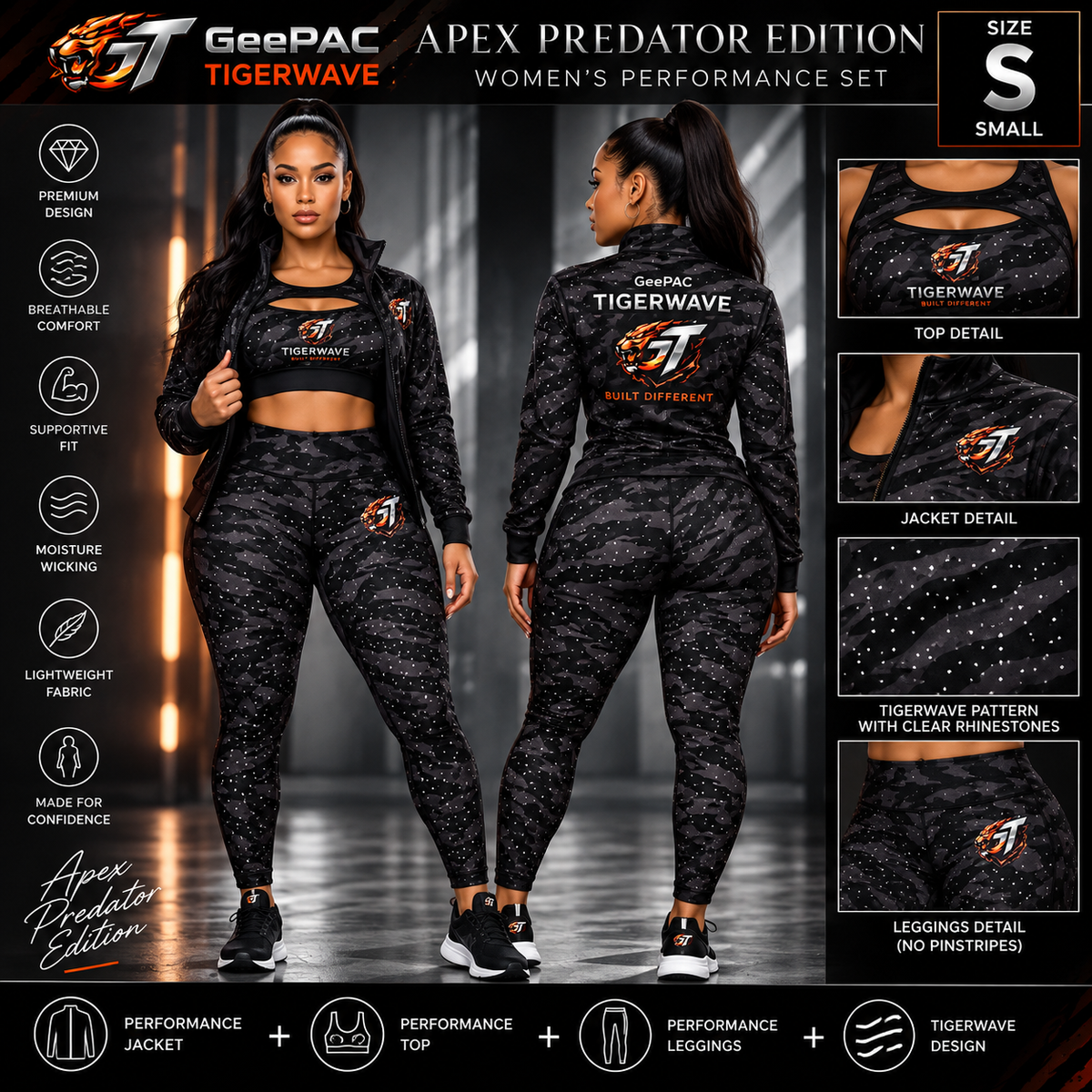 Women's black tiger stripe activewear set with rhinestone details, high-performance sports bra, leggings, and jacket, size small