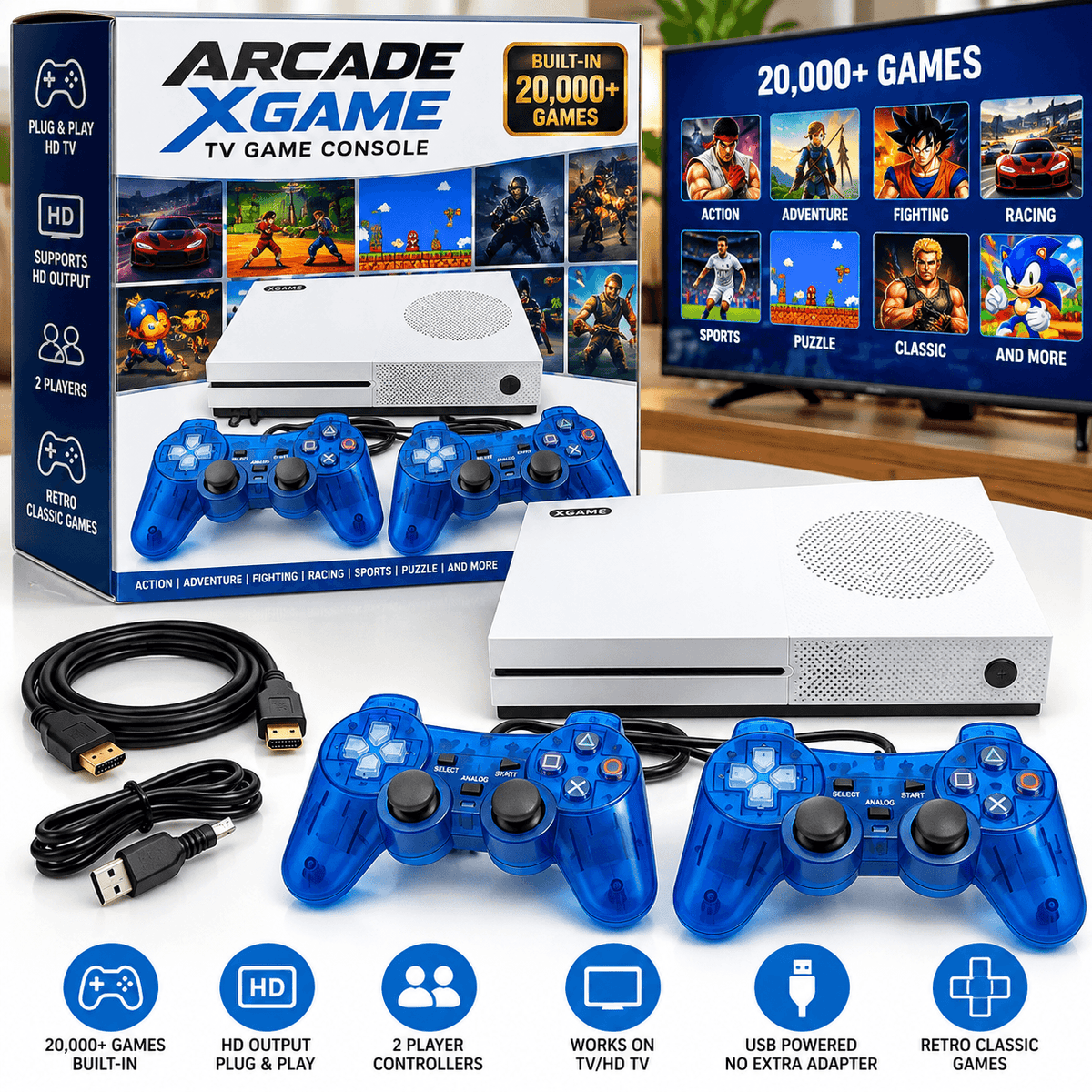 White Xgame TV game console with built-in 20,000+ games, two blue wired controllers, HDMI cable, and black power cord on a white surface