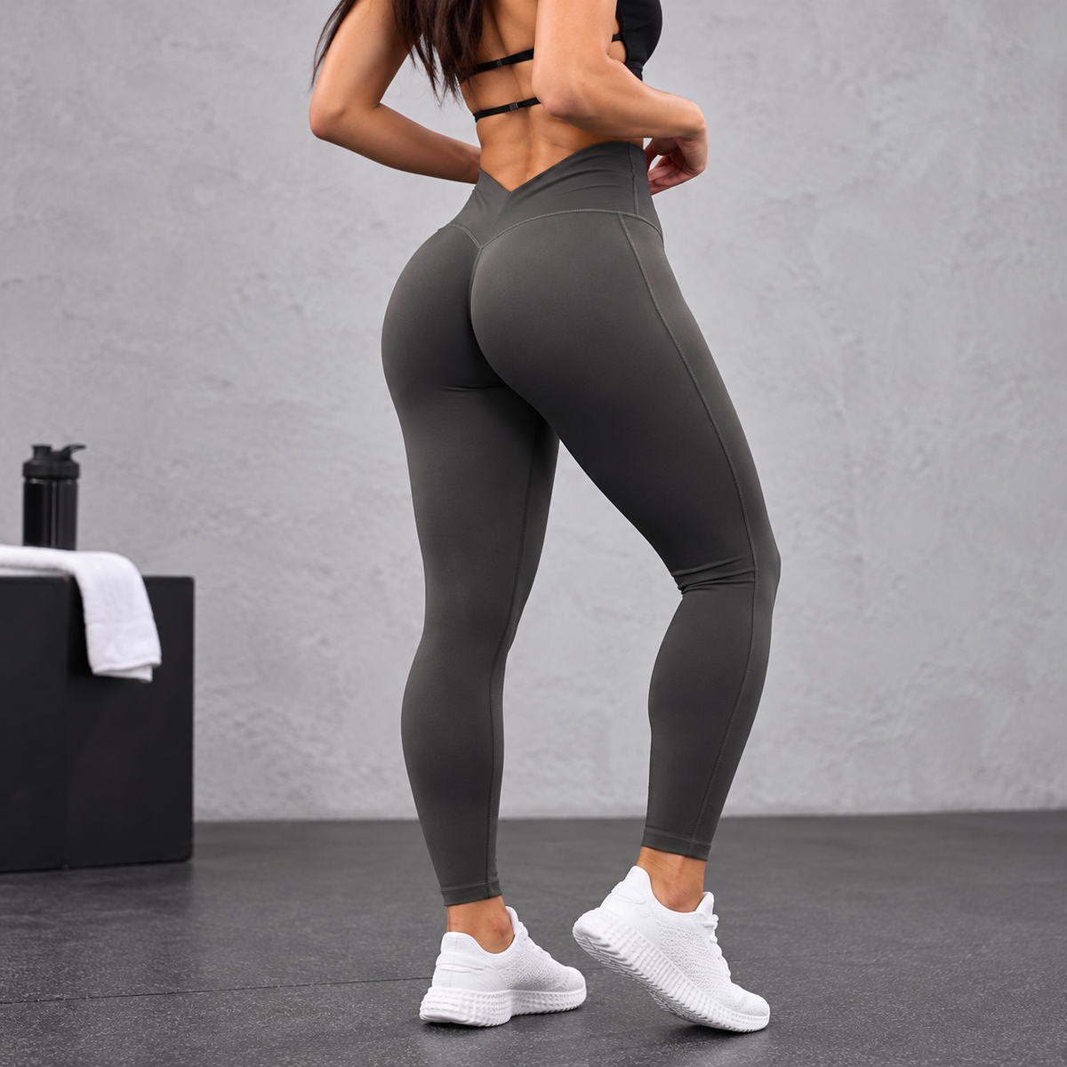 High waist women's activewear leggings in dark gray, seamless stretch fabric, designed for fitness and gym workouts, SKU: TR-10740