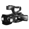 Black 4K Ultra HD digital video camera with 48MP lens, WiFi, touch screen, electronic stabilization, and compact design for content creators.