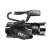 Black digital video camera with attached handle and strap, featuring a large lens and a top-mounted accessory mount for professional filming - SKU: CJBX106859101AZ