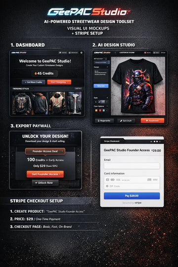 Futuristic streetwear mockups showing dark hoodies and a black graphic t-shirt with a robot design, featuring bold prints and athletic fits.