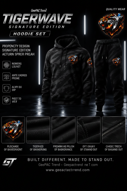 Black TigerWave signature edition men's hoodie with drawstrings, tiger logo, camouflage pattern, soft warm fabric, front pocket