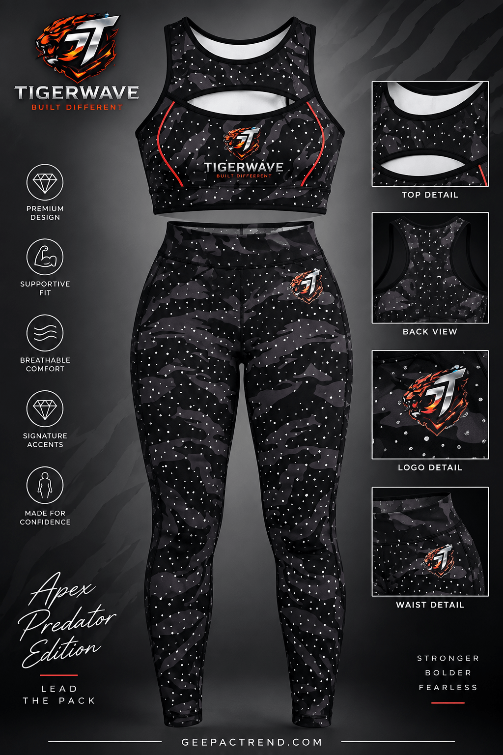 Black tiger stripe activewear set for women with performance sports bra and leggings featuring rhinestone details and red accents