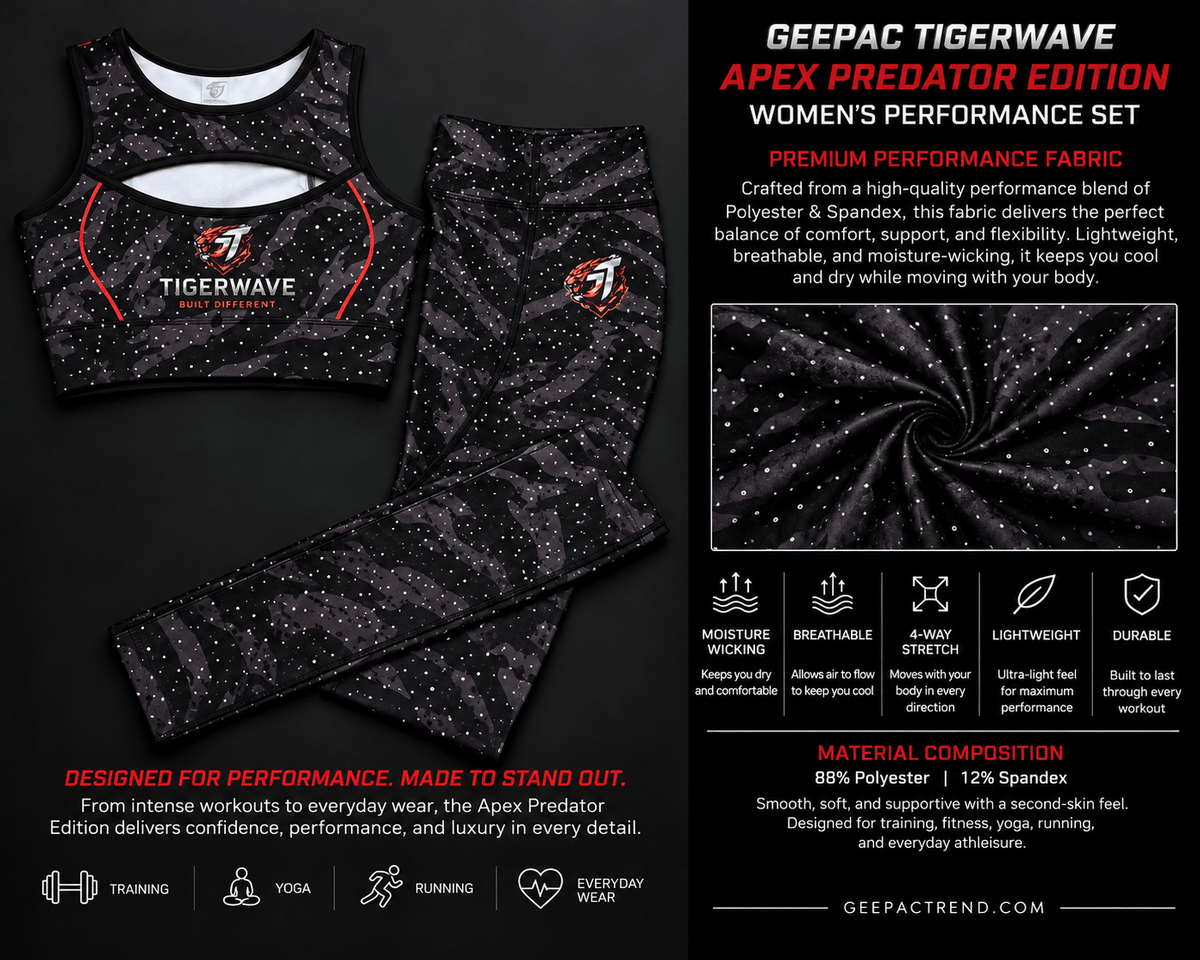 Black tiger stripe performance set for women with detailed product features including high neck, support band, and luxurious rhinestones