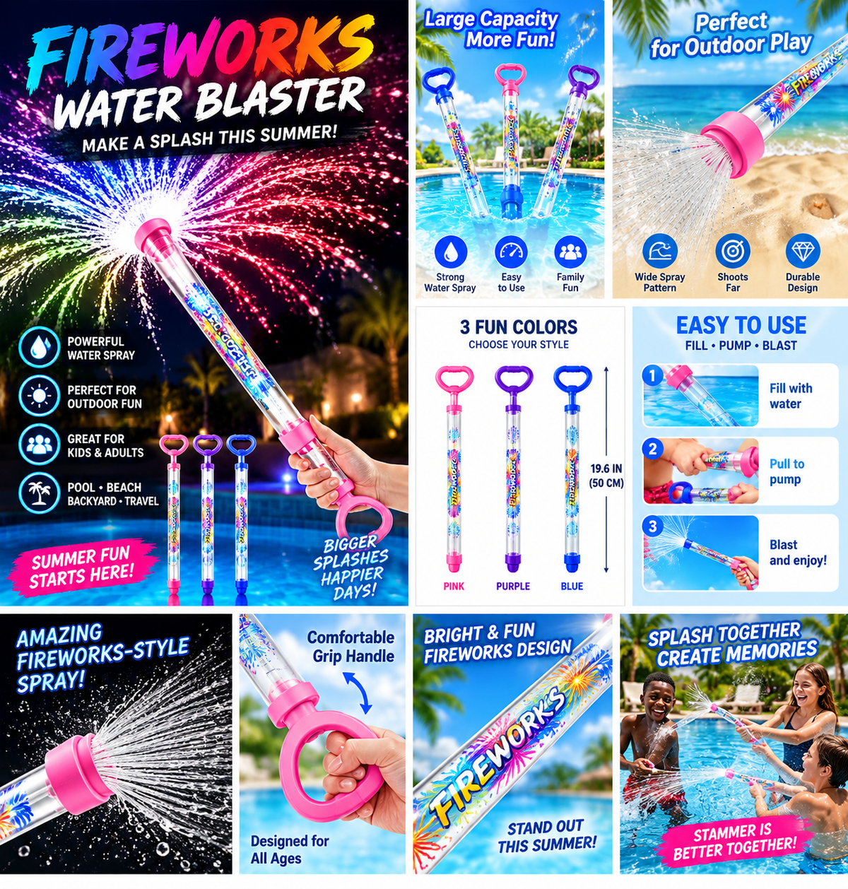 Colorful fireworks water blaster for summer outdoor fun, featuring a transparent plastic tube with vibrant fireworks design and pink handle