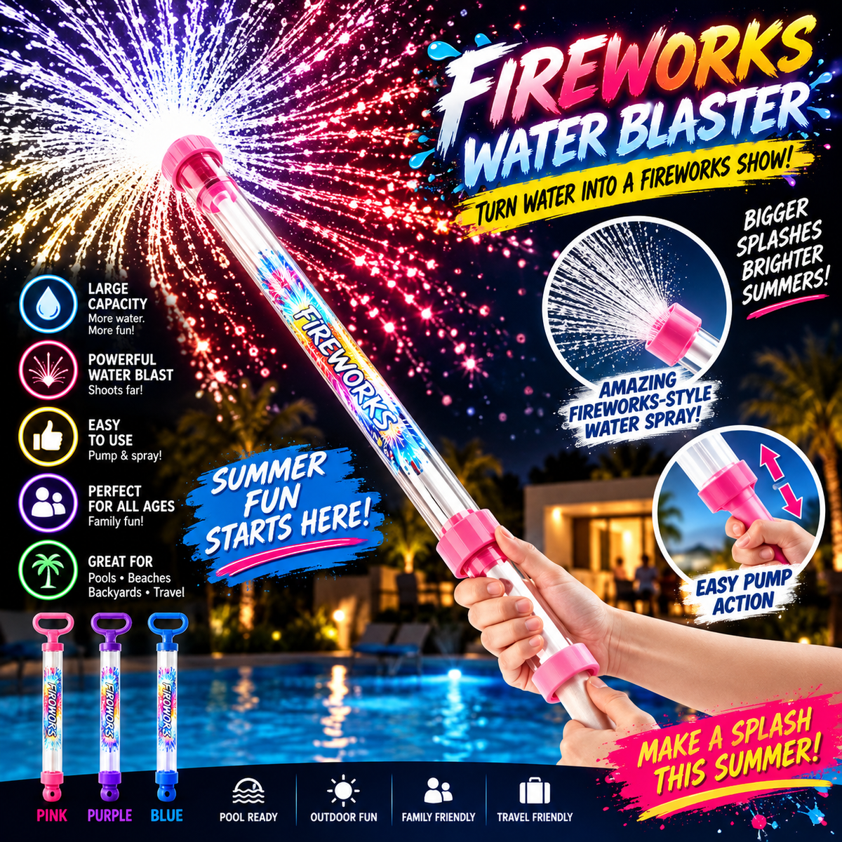 Colorful fireworks water blaster with pink nozzle, transparent tube, and vibrant water spray design for summer outdoor fun