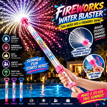 Colorful fireworks water blaster with pink nozzle, transparent tube, and vibrant water spray design for summer outdoor fun
