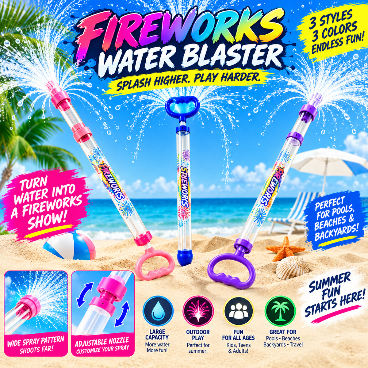 Colorful fireworks water blaster for summer outdoor fun, pink, blue, and purple water guns with adjustable nozzles on sandy beach