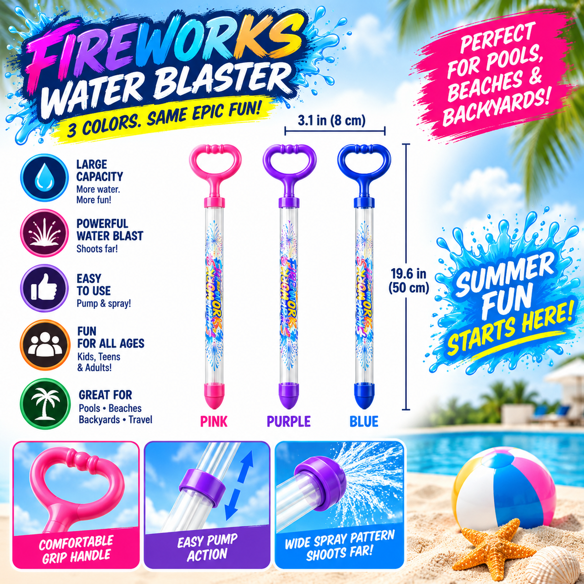 Bright pink water blaster with a comfortable grip handle, 19.6 inches tall, designed for summer water fights and outdoor play