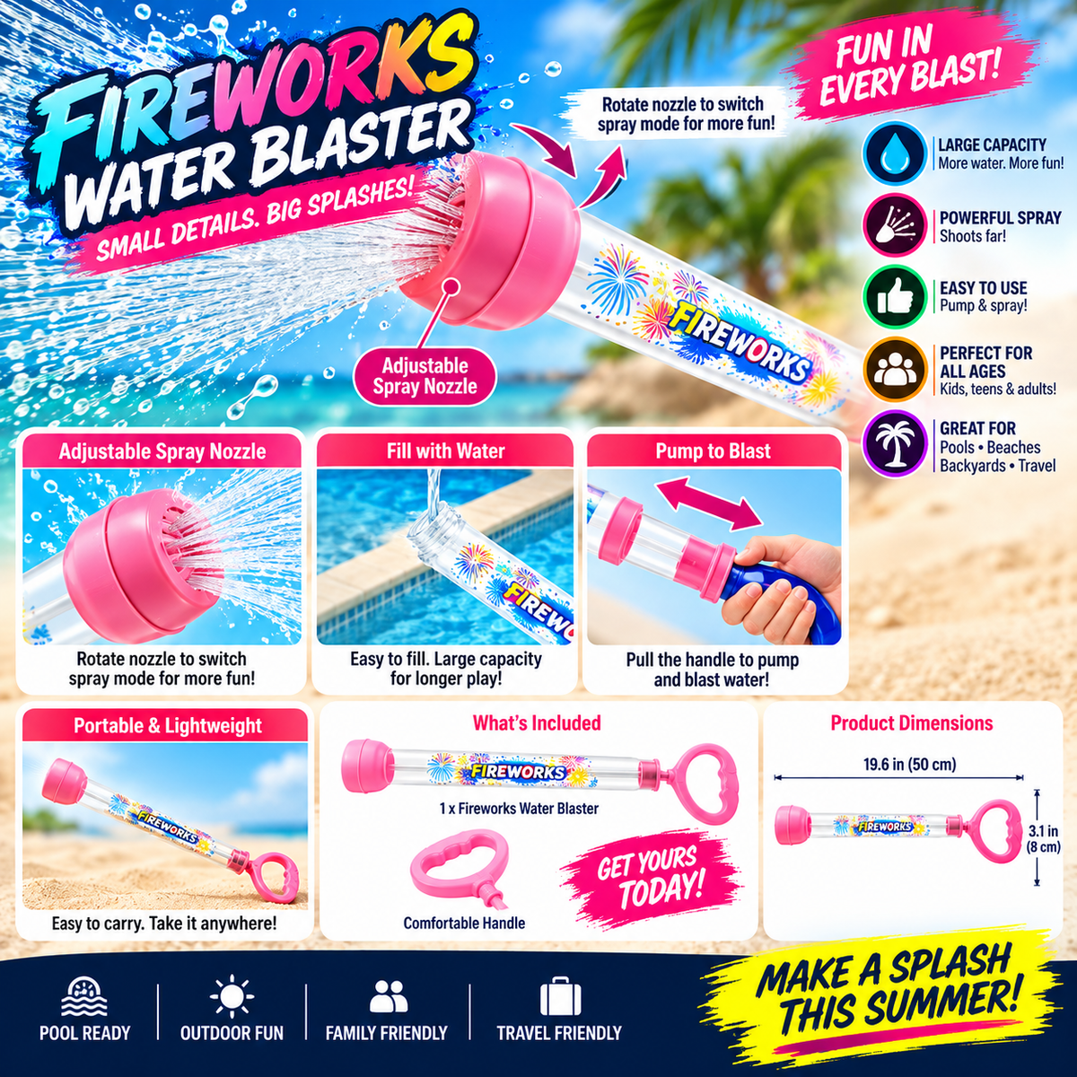 Pink fireworks water blaster with adjustable spray nozzle, designed for outdoor water fights, beach play, and summer fun