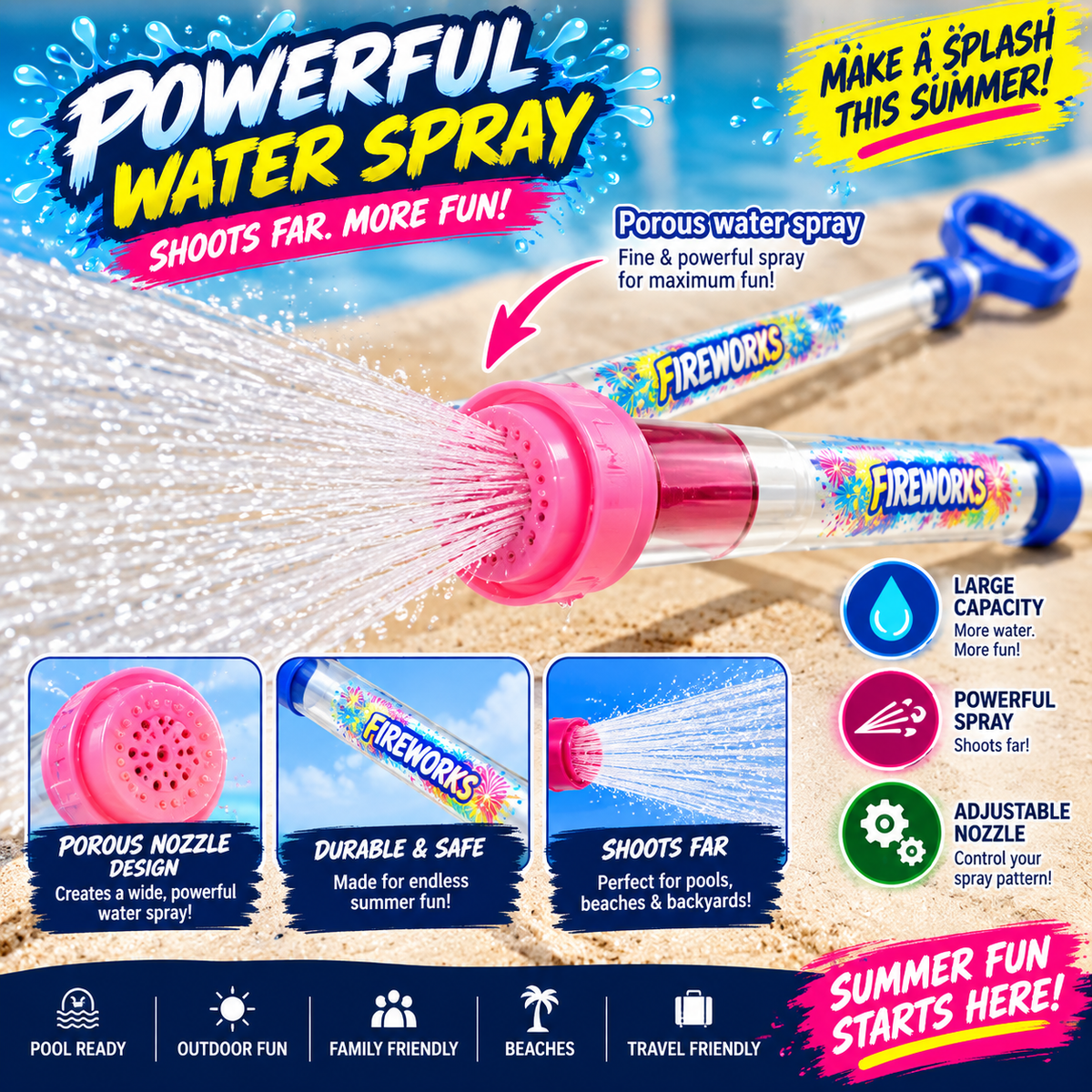 Bright pink water blaster with porous nozzle design for powerful water spray, ideal for summer outdoor water fights