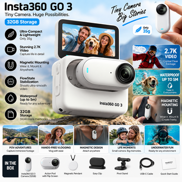 Insta360 GO 3 tiny action camera with 32GB storage, white compact design, mounted on a person's hand, ideal for adventure filming