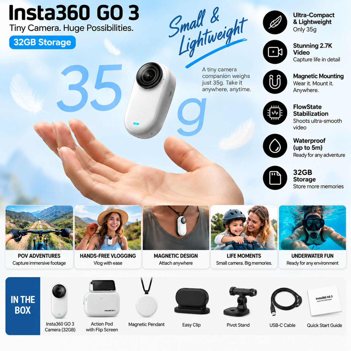 Insta360 GO 3 tiny action camera with 32GB storage, white, compact design, mounted on a hand, ideal for adventure and vlogging