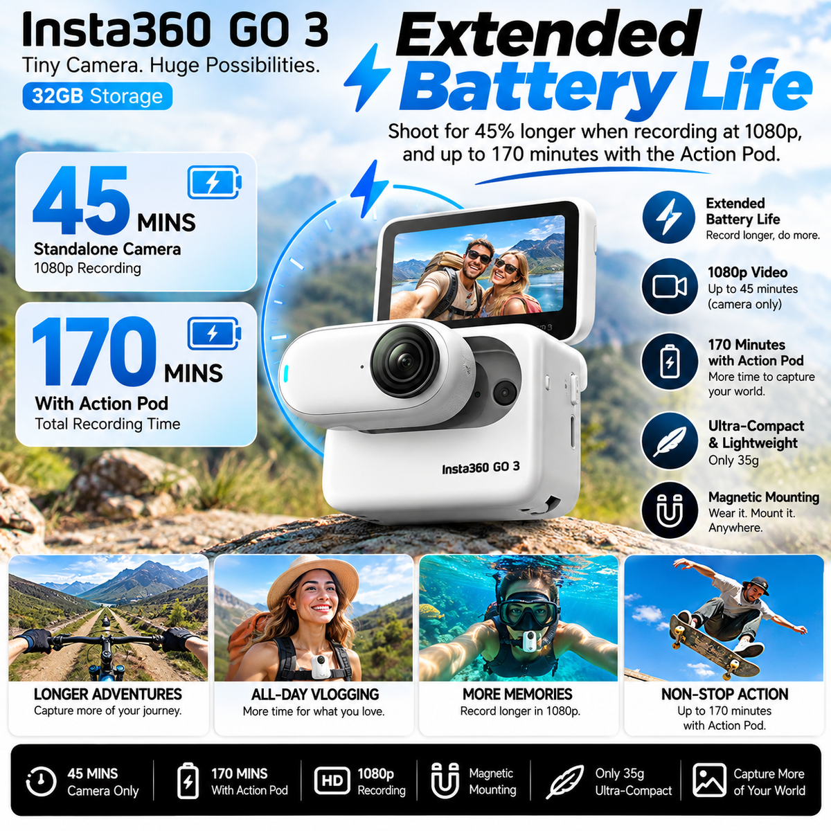 Insta360 GO 3 tiny action camera with 32GB storage, white compact design, mounted on a rock outdoors, capturing adventure moments.