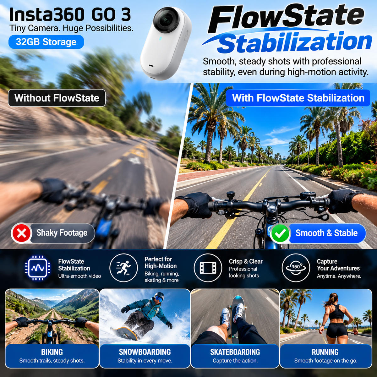 Comparison of action camera footage showing shaky, blurred video without FlowState stabilization on a mountain road