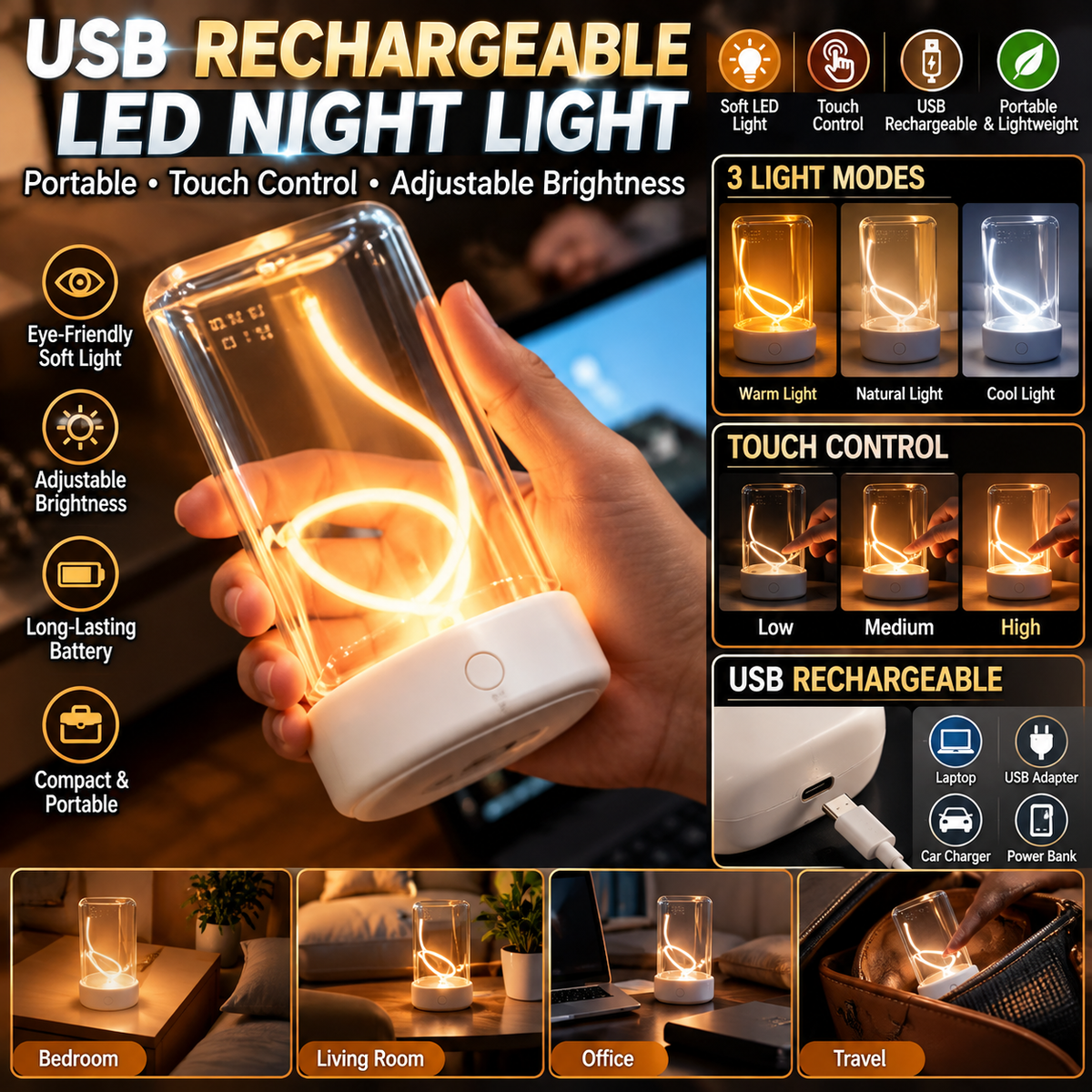 Portable USB rechargeable LED night light with 360° glow, eye-friendly soft light, touch control, adjustable brightness, ideal for home or travel