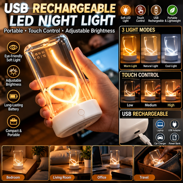 Portable USB rechargeable LED night light with 360° glow, eye-friendly soft light, touch control, adjustable brightness, ideal for home or travel