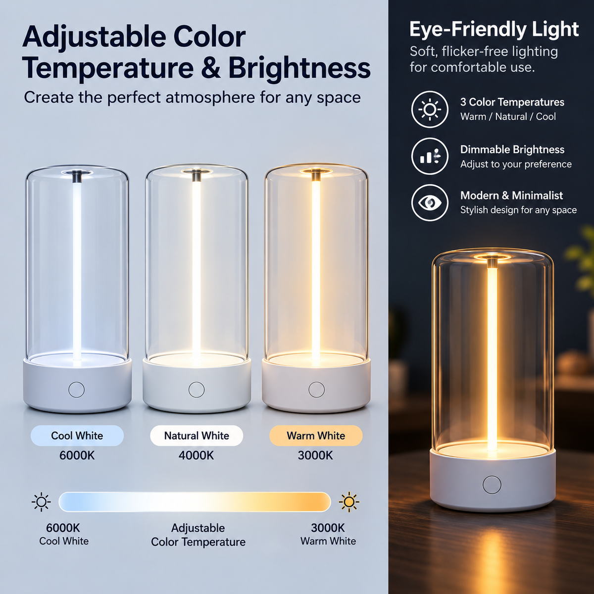 Elegant modern LED night light with soft, flicker-free light emission, touch control, USB-C charging port, and a stylish, minimalistic design