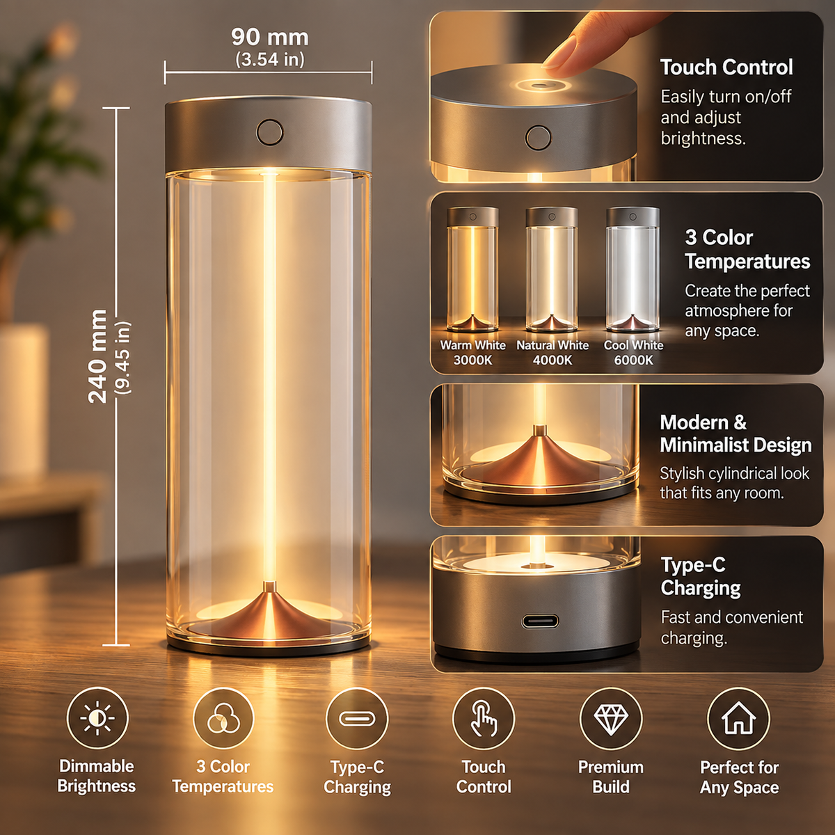Close-up of the LED night light's top with touch control button, 90mm diameter, sleek metallic finish, and adjustable brightness